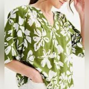 Sonoma Goods For Life® Shirred Balloon Sleeve Y-Neck Top green Floral Petite XL